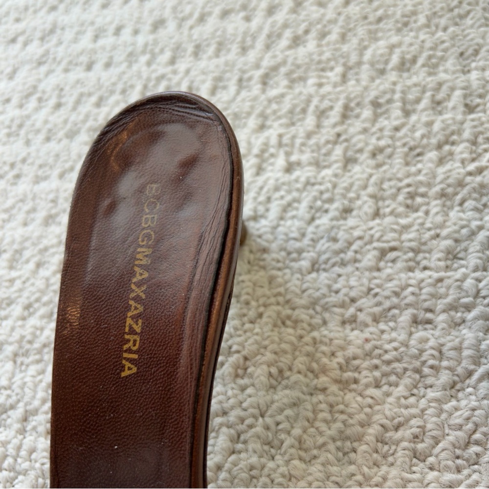 BCBGMaxAzria Brown and Tan Leather Knot Mule Heels - Picture 10 of 14